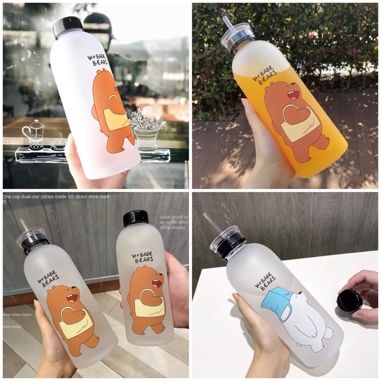 We Bare Bears Frosted Water Bottle with Straw 🐻