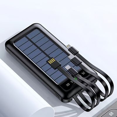 10000mAh Solar Power Bank - Fast Charging Portable Charger with 4 Built-in Cables