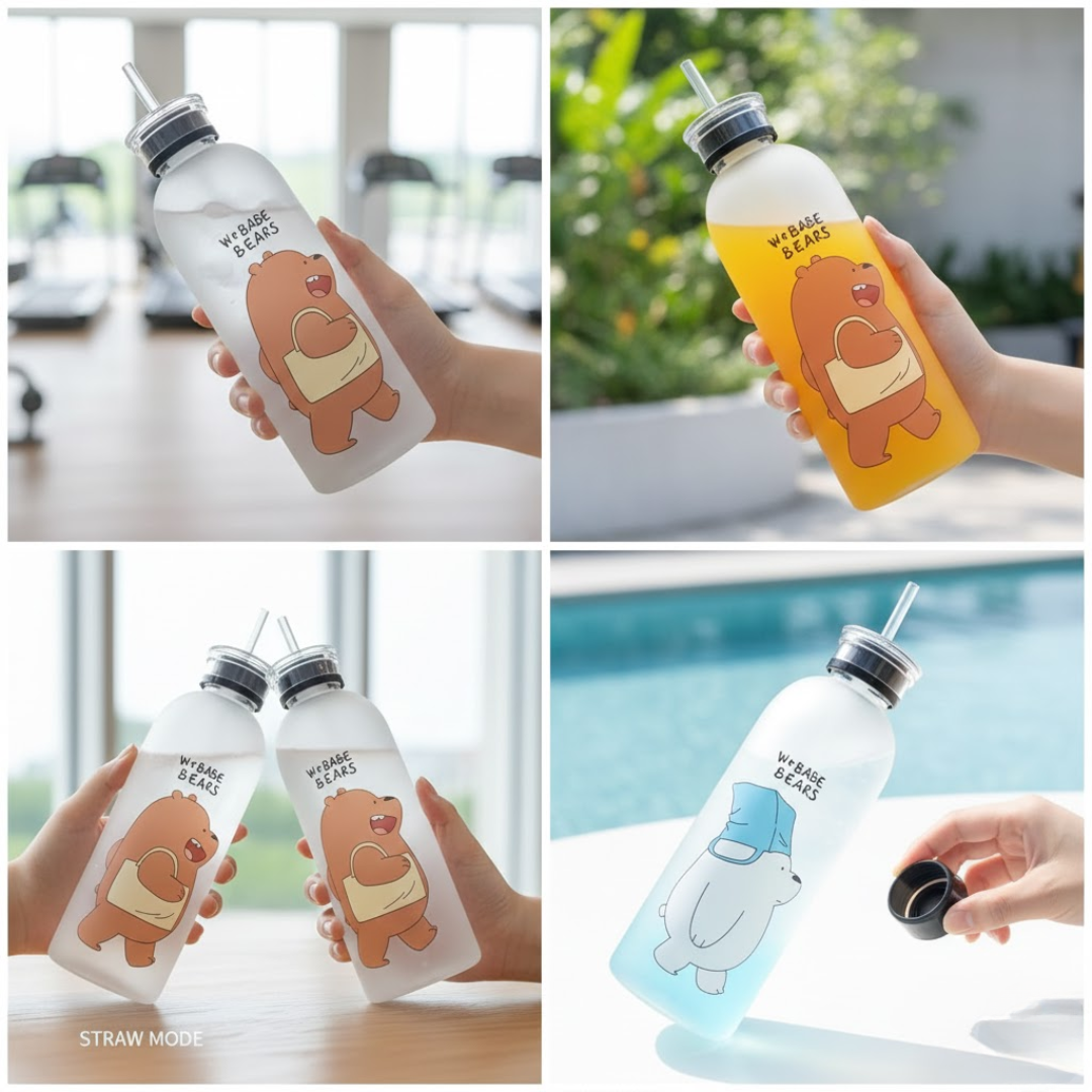We Bare Bears Frosted Water Bottle with Straw 🐻
