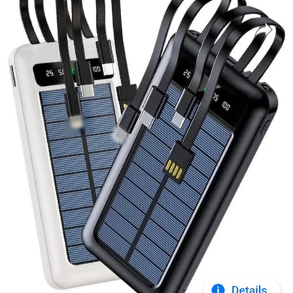 10000mAh Solar Power Bank - Fast Charging Portable Charger with 4 Built-in Cables