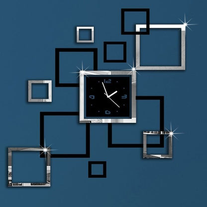 3D DIY Acrylic Wall Clock - Modern Square Mirror Design Stereo Wall Decor for Living Room & Office
