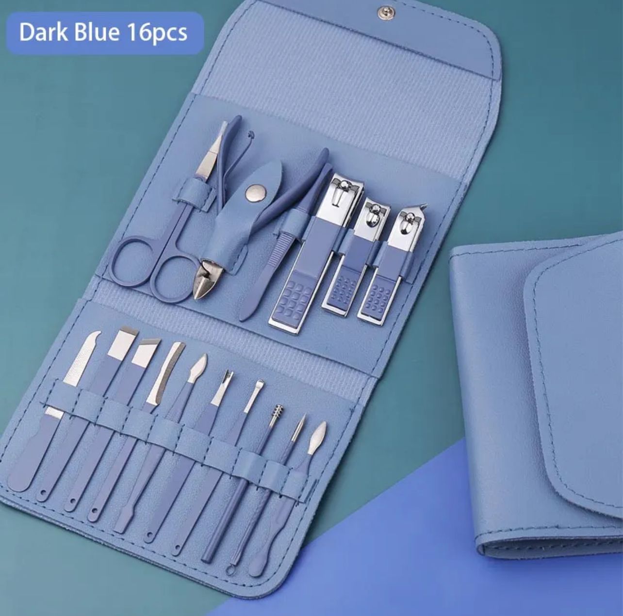 16‑in‑1 Professional Manicure & Pedicure Kit – Dark Blue Stainless Steel Grooming Set 💅✨