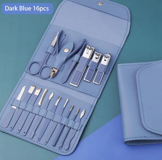 16‑in‑1 Professional Manicure & Pedicure Kit – Dark Blue Stainless Steel Grooming Set 💅✨